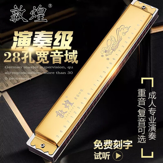 敦煌上海老品牌敦煌28孔F调G调复音D调重音C调口琴初学者演奏送礼乐器 28孔金色复音A调