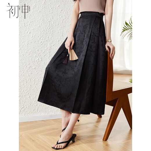 Chushen Spring and Summer New Chinese Style Skirt Women's Design Jacquard High Waist Pleated Improved Horse-Faced Skirt S143B1422 Black M