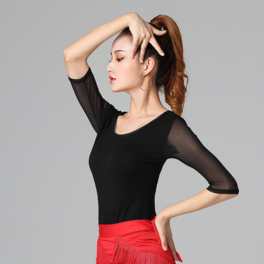 
GUBPMTSHIM Latin dance top women's mid-sleeved round neck Chacha ballroom dance practice suit autumn new style Jitba dance suit short sleeve black B829 mid-sleeved top XL