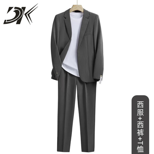 DK品牌西服套装男春秋季宽松小西装外套男潮流轻熟风男士西装整套男 杏色【西服+西裤+短袖T恤】 XL码