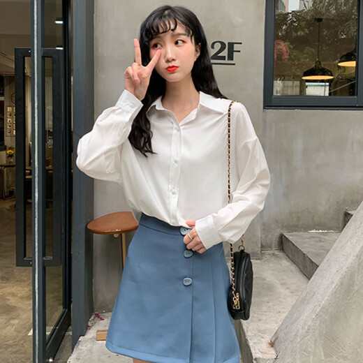 Langyue Women's Autumn Solid Color Long Sleeve Shirt Women's Korean Style Loose Casual Student Top LWCC197222 White L