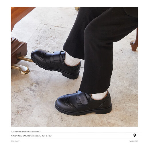 斯纳菲男童皮鞋春秋头层牛皮儿童校园学生演出黑皮鞋中大童单鞋黑色35