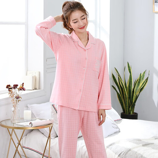
An Guifen pajamas for women in spring and summer pure cotton long-sleeved cardigan lapel set autumn new Korean version sweet solid color comfortable casual home loose plus size fat MM young ladies home clothes 9742 light pink fine plaid XXL