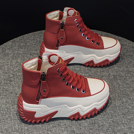 Otmx Dad Chaussures Chaussures décontractées pour femmes Cow Hide High Top Chaussures pour femmes 2025 printemps et automne Nouvelle baskets de voyage à semelle épaisse polyvalente 677 Red Plux 37