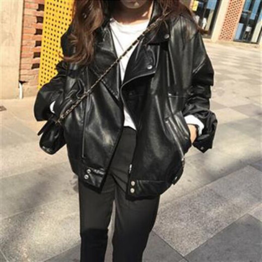Autumn women's new Korean style short motorcycle jacket loose pu leather leather jacket student casual jacket coat trendy black L