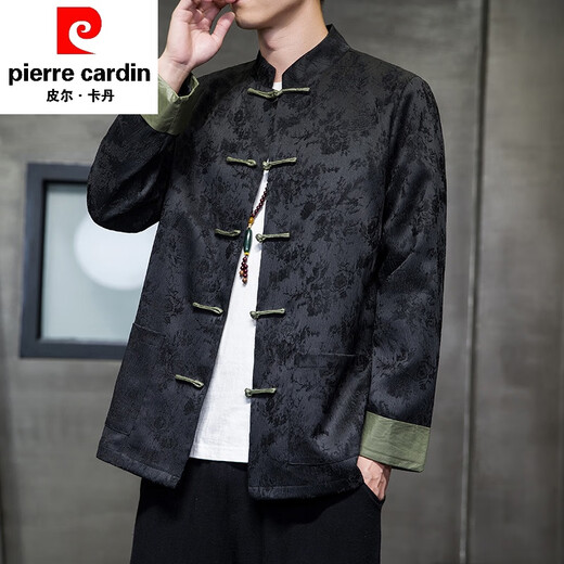 皮尔卡丹新中式唐装男中国风秋冬季长袖夹克复古盘扣汉服宽松大码男士外套 A653黑色 XL 135-150斤