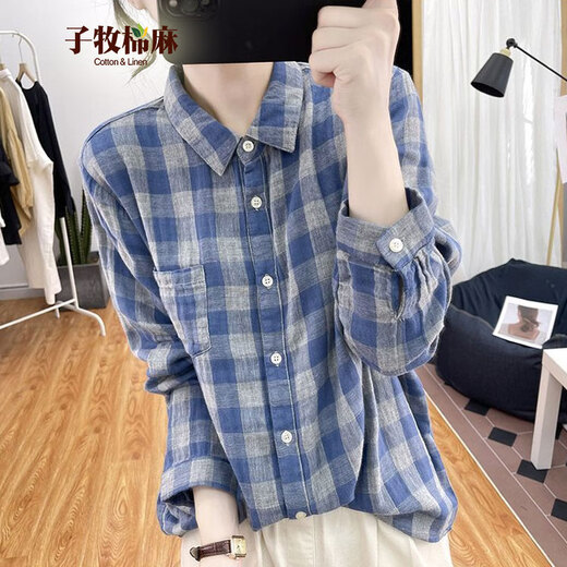 子牧棉麻2024秋装 女文艺长袖衬衫格子宽松复古上衣翻领减龄衬衣1342 蓝色 L(建议115-125斤)