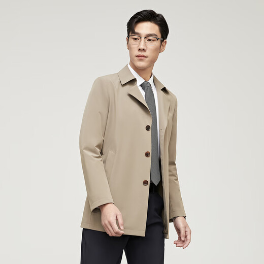 YOUNGOR trench coat men's double lapel long single windbreaker twister blend durable, not easy to wrinkle and easy to care new product Khaki L 175/96A
