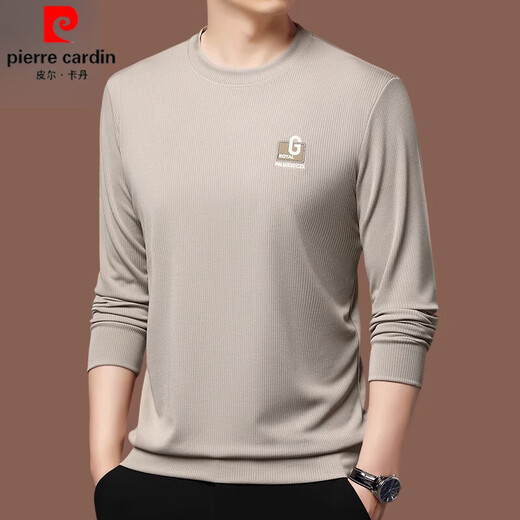 皮尔卡丹（pierre cardin）品牌纯棉长袖t恤男士春秋季纯色圆领内搭卫衣休闲百搭舒适体恤衫t 米色 6627款 170/L