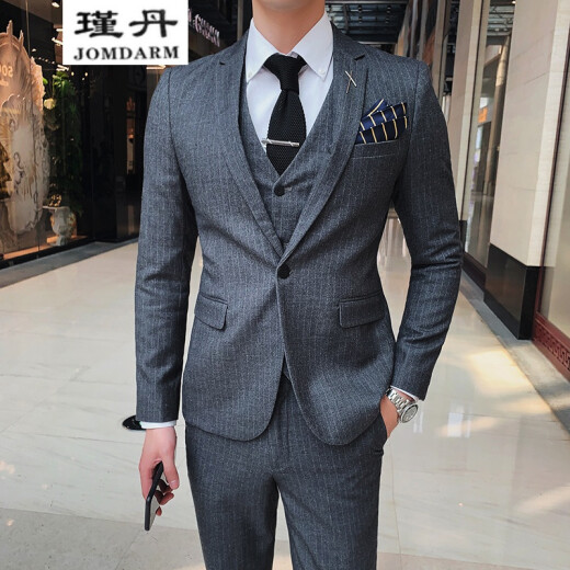 Jindan large size custom suit suit men's striped business casual suit male groom wedding dress Korean version slim professional formal three-piece suit spring and autumn new one-button striped black L suit shirt vest pants