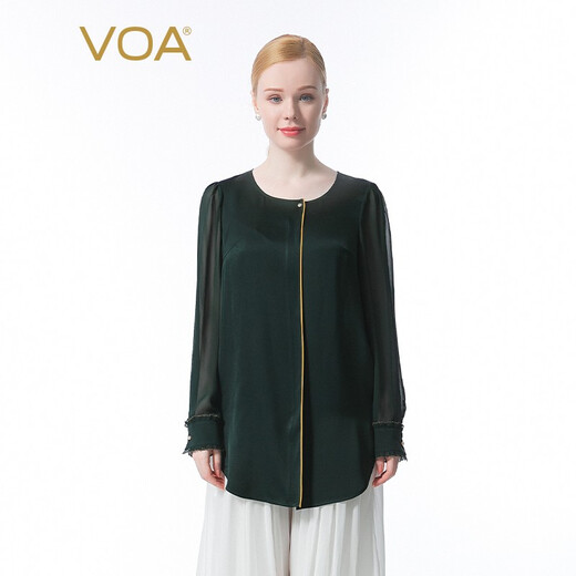 VOA100% mulberry silk double-sided satin 40mm heavy green round neck long sleeve one-button silk T-shirt BE687 Green Shade Ranran (G06) M