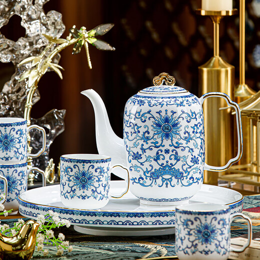 Hanming Jingdezhen Enamel high-end tea set complete living room household ceramic kettle and cup set moving to new home gift with tea and water separation 8-piece set | gift box