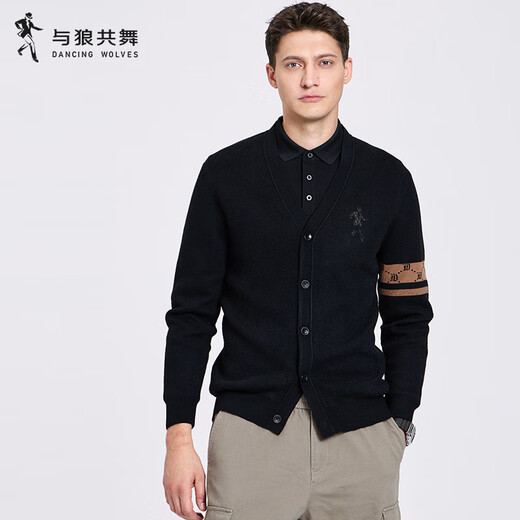 Dances with Wolves Velvet and Thickened Cardigan Wool Jacket Men's 2025 Autumn and Winter New Warm V-neck Sweater Jacket 2042 Black 001 L (175)