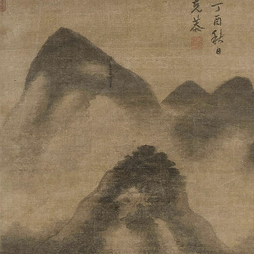 The ancient landscape painting scroll of Gaoke Gongyun Mountain in Yuan Dynasty literati replica ancient Chinese hanging paintings Yuan Huang Gong looking at the secluded residence of the rocks and valleys 12240 30X80 cm (spraying heart size) Rice paper material (spraying heart