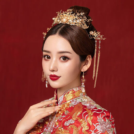 Dijing Bride Xiuhe Headdress Golden Phoenix Crown Chinois Mariage Costume Tassel Hair Acel Xiuhe Clothing Accessoires Bijoux atmosphériques F656 Phoenix Crow