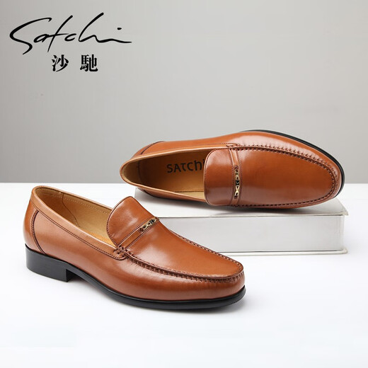 SATCHI new men's shoes are soft and breathable, men's business casual shoes, toe-layer cowhide, fashionable set-foot waxed leather shoes, fashionable brown 40, one size larger than the national code