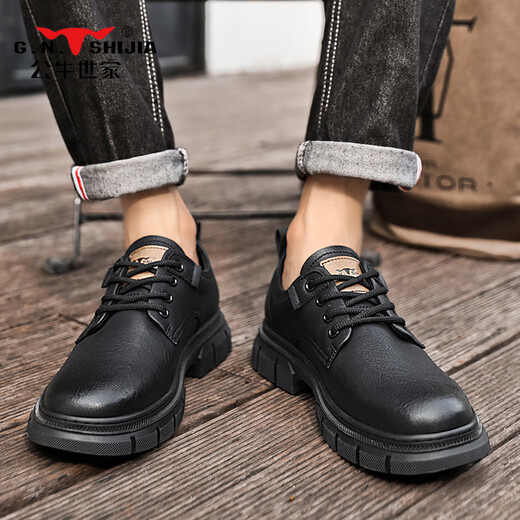 Bull Family Men's Shoes 2025 Spring New Retro Leather Shoes Men's Business Casual Shoes Men's British Soft Sole Low-top Martin Boots Black Four Seasons Single Shoes GN123101753 40 (Sports Shoe Code)