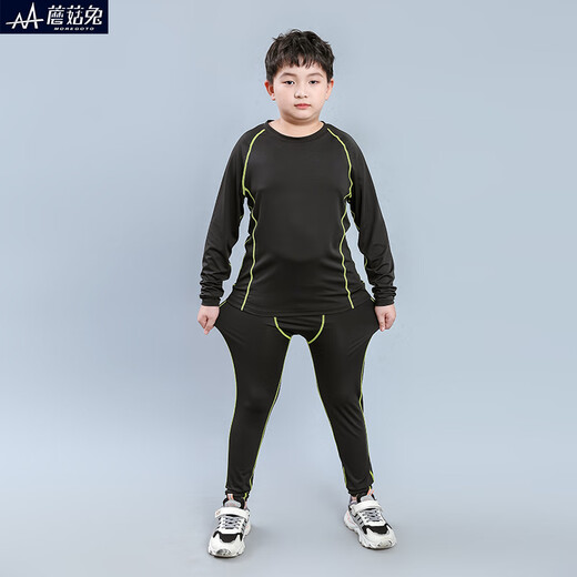 Mushroom Rabbit (MOREGOTO) fat boy training clothes tights loose big children boys sportswear teenagers plus weight enlargement basketball uniform black green line 150 plus weight plus size suitable for 100Jin Jin is equal to 0.5 kg, left and right wear