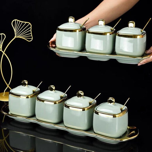 Ruishun Internet celebrity ceramic seasoning box household seasoning jar fruit green salt jar seasoning bottle set with tray spoon 3 jars 1 pot + 1 chassis + 3 spoons