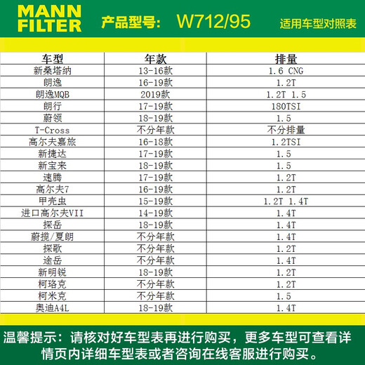 MANNFILTER oil filter element W712/95 Santana Bora Jetta Sagitar Langxing Lavida Tange Weilinggao 7/8