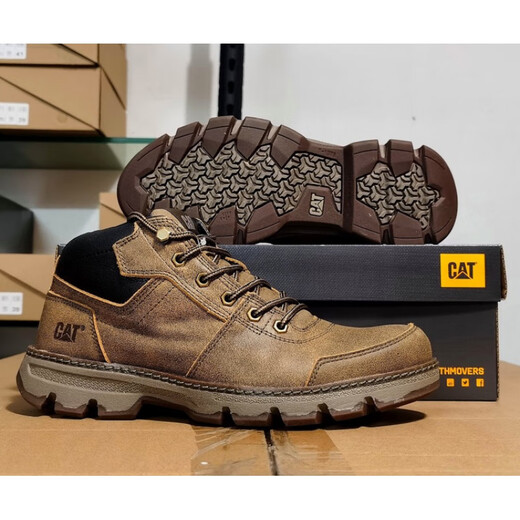 卡特cat男鞋高帮工装鞋厚软底轻便牛皮防水马丁靴秋冬户外休闲鞋短靴 卡其色 皮鞋码 41 比运动鞋偏大一码