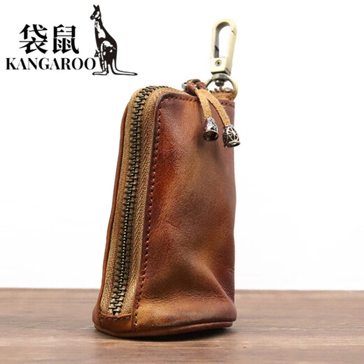 袋鼠（KANGAROO）新款头层牛皮植鞣皮复古做旧钥匙包男士大容量腰挂做旧牛皮钥匙包 咖色