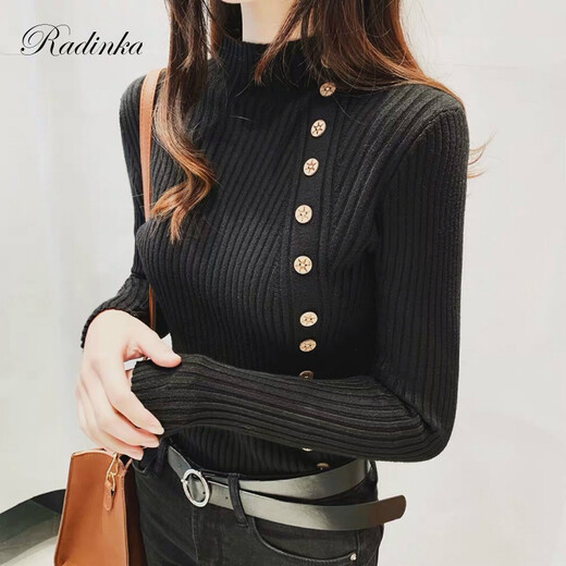 Radinka 2024秋冬新款加厚毛衣女套头半高领打底衫韩版纽扣修身针织衫 杏色 L【建议105-115 斤】