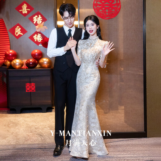 HKPK Wedding Clothes for Women Formal Occasions Sister Cheongsam New Chinese Style Toast Wear Bridal 2024 New Premium Champagne Color Long Five-Fifth Sleeve L One Size