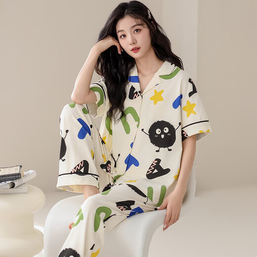 
Modal 100% cotton pajamas for women in summer short-sleeved trousers pure cotton sweet and cute casual thin home clothing set AM695 women L