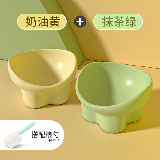 Qi Oh Cat Bowl Ceramic Cat Food Bowl Dog Bowl Food Bowl Cat Rice Bowl Large Diameter Water Bowl Slant Bowl Anti-Tip Bowl Pet Supplies Double Bowl + Grain Spoon Cream Yellow + Matcha Green