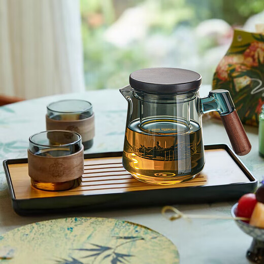 Yihutea (YIHUTEA) complete tea set, teapot set, glass tea cup, tea water separation, tea brewing set, office lazy cup with tea tray, including tray, light luxury black, pot + wooden ring 2 cups, 4 pieces
