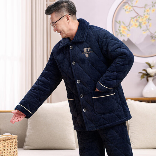 随阅男士睡衣秋冬季三层加厚加绒珊瑚绒夹棉保暖中老年家居服爸爸套装 N9926F蓝 牛奶绒 升级加厚 L码(90-120斤）