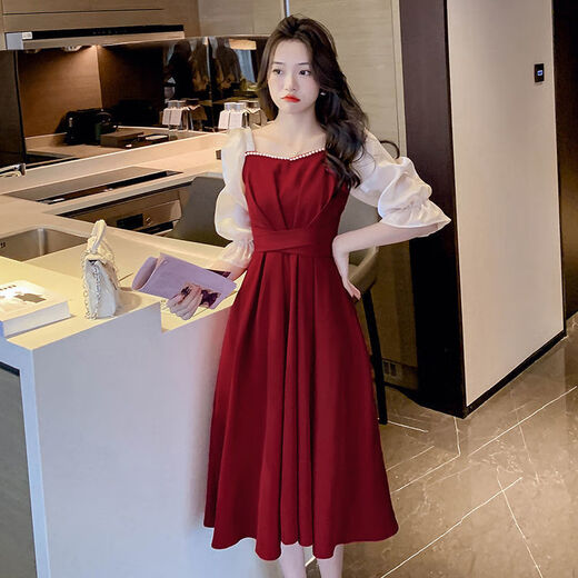 
White Mu Mu Toast Red Dress for Women's Native Year Bride Sense Red Skirt Small Dress Engagement Can Be Wear Red Five-Cents Sleeve High Quality L Recommended 100-120Jin [Jin equals 0.5 kg]