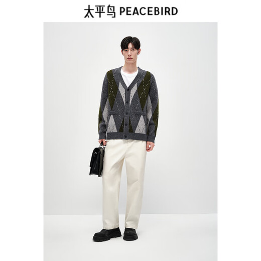 PEACEBIRD Men's Wool Cardigan Casual Sweater Brushed Yarn Contrast Color Plaid Sweater Men's Early Autumn Dark Gray L
