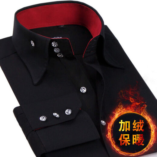 ZHIDOUDOU春夏季衬衫男长袖衬衣年新款时尚高领大领子钻扣潮流男装衬 黑色双层领 9215 38 S