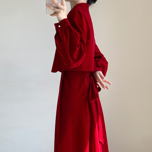 Pierre Cardin New Chinese Style Improved Cheongsam Toast Wear Back Door Wear Bride Can Wear Engagement Red Velvet Dress Red L
