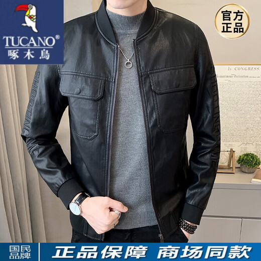 啄木鸟 皮衣外套男士秋春季新款棒球领上衣休闲帅气机车夹克男装 P719黑色 3XL
