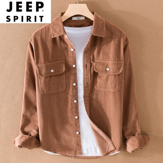 JEEP SPIRIT日系复古纯棉衬衣灯芯绒外套男士春秋季薄款休闲衬衫工装上衣服潮 YY-9755黑灰色 M