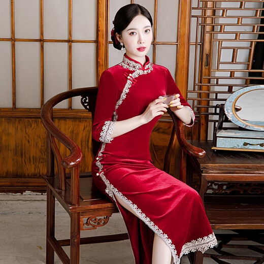 Should the cheongsam old Shanghai Chinese style spring and autumn new style retro temperament long three-quarter sleeves improved solid color gold velvet cheongsam purple 2XL