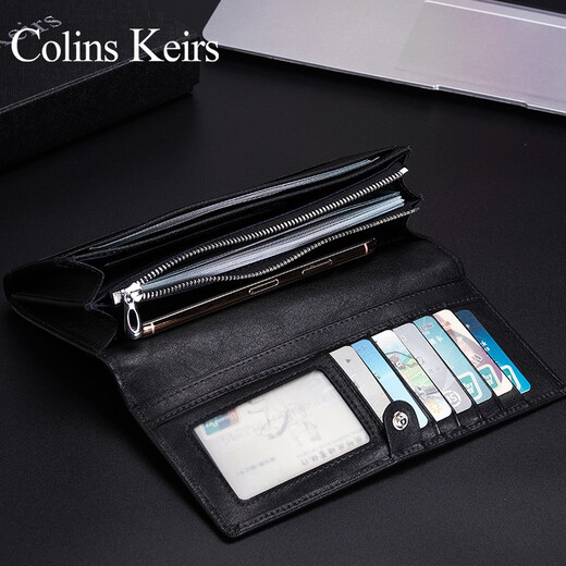 Colins Keirs genuine leather wallet men's long large capacity men's money chuck layer cowhide wallet card bag men's wallet gift box black
