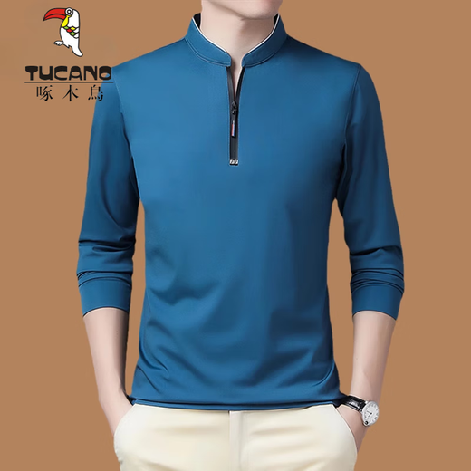 Woodpecker (TUCANO) Spring and Autumn Men's Long Sleeve Thin Sweater Half Zipper Stand Collar Large Size T-shirt Mercerized Cotton Knitted Top Trend QPD-6623 Haqing [Spring and Autumn] Thin S 165/80A Recommended 95-110Jin [Jin equals 0.5 kg]