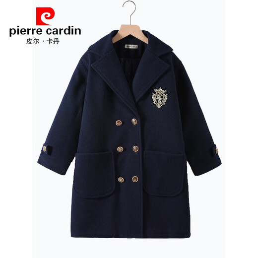 Pierre Cardin Wollmantel für Mädchen, britischer College-Stil, 2025, Winter, verdickt, mittellang, großer Wollmantel für Kinder, warm, Marineblau, 150 cm
