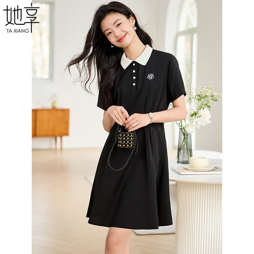 Disfruta de un vestido de manga corta con un collar de blusa y un diseño de adelgazamiento de cintura, falda midi versátil y de moda T143Q1391 Negro L