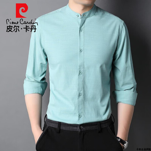 Pier Cardin long-sleeved shirt men stand collar Chinese style solid color shirt men linen cotton trend middle-aged and young father spring and autumn top 9930 rose red 165/105
