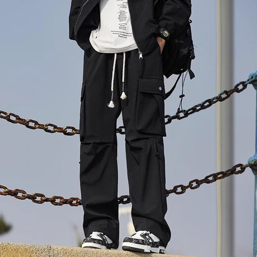 POUM American workwear pants for men in spring, autumn and winter new fashion high street straight sports functional style casual long pants JCDM-K1306 black L (recommended 105-125Jin Jin equals 0.5 kg)