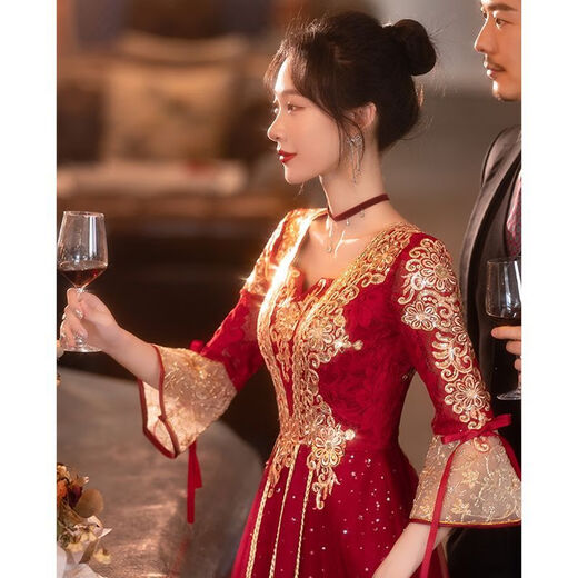 MIFICY Xiuhe Wear Bride 2023 New Summer Toast Wear 2023 Summer Burgundy High-end Chinese Long Sleeve Burgundy Long [684] M