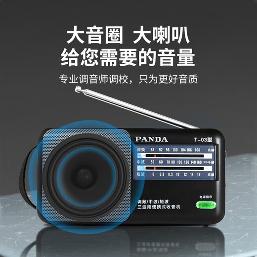 熊猫（PANDA）T-03老人收音机老年人专用老式应急便携式简单款全波段fm调频广播半导体老年新款台式陪伴机随身听 黑色+2节1号电池