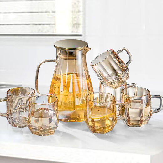 Wuji light luxury style diamond water set for home living room with handle glass drinking cup family tea cup tea set ash diamond pot one pot six cups + plate + cup holder