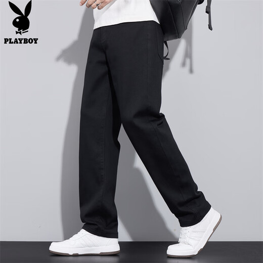Playboy (PLAYBOY) Jeans Men's Spring and Summer Casual Pants Men's Loose Straight Men's Fashion Trendy Trousers Black XL
