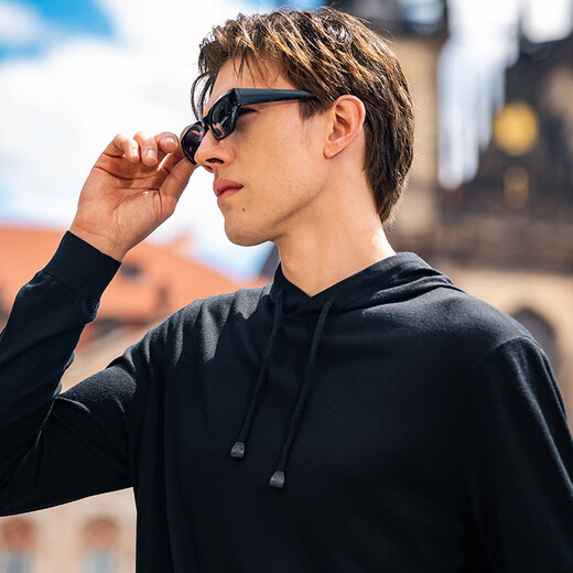 Mr. Bu Skin Friendly Hooded Wool Sweater 2025 Autumn Machine Washable Solid Color Wool T-Shirt Men's PT15568 Piano Black M (170)